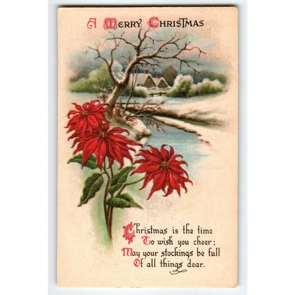 Vintage Christmas Postcard Poinsettia Winter Scene Holiday Greeting - Picture 1 of 2